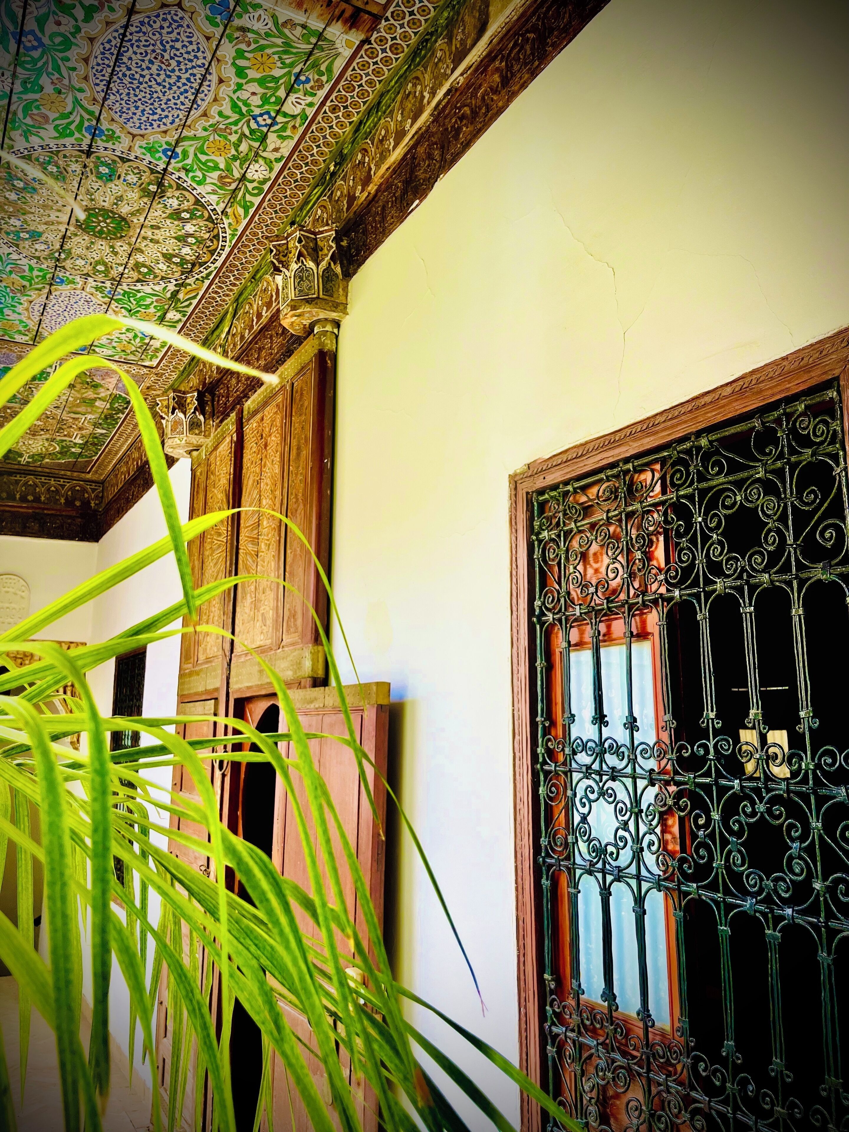 Una puerta de madera tradicional con ornamentación metálica intrincada, un techo con diseños detallados en azulejos y una planta en primer plano.