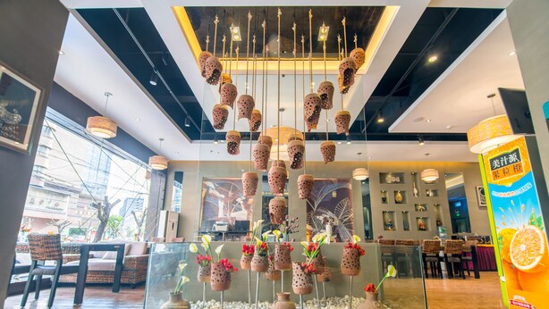 Un interior moderno con una exhibición central de macetas colgantes, un recinto de vidrio con plantas decorativas y una zona de estar con mobiliario de mimbre.