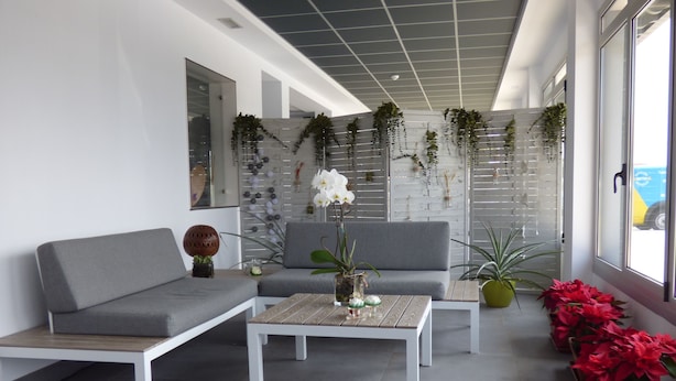 Un saló modern amb un sofà gris, una taula de centre blanca i un butac gris. Hi ha plantes en testos i un ram de flors sobre la taula de centre.