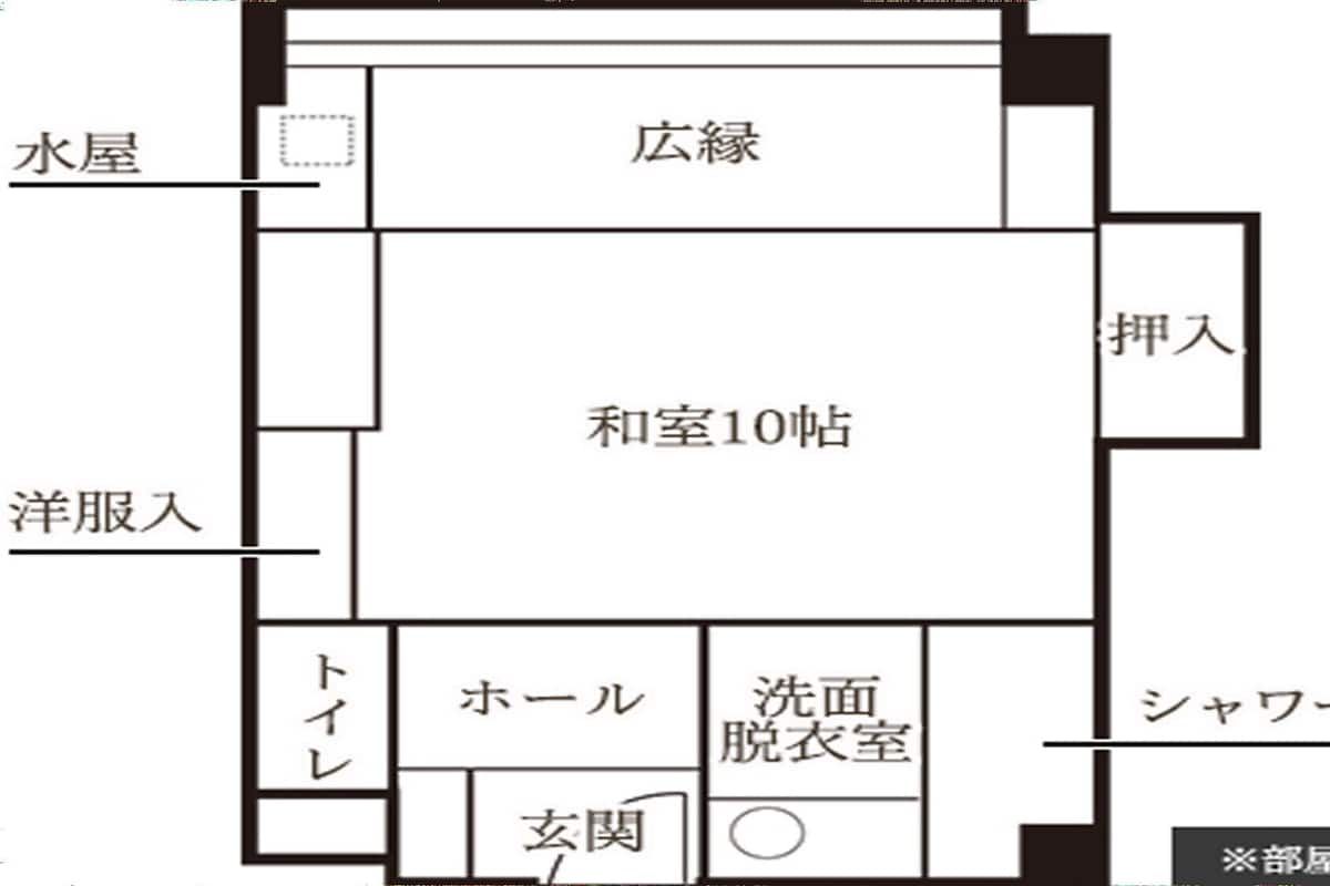 A hotel floor plan with a 10-room suite, a lobby, a washroom, and a sauna.