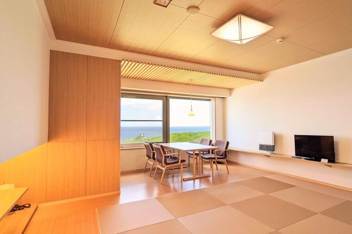 Quarto moderno com uma janela grande, uma mesa de jantar, cadeiras, uma TV e uma luminária no teto.