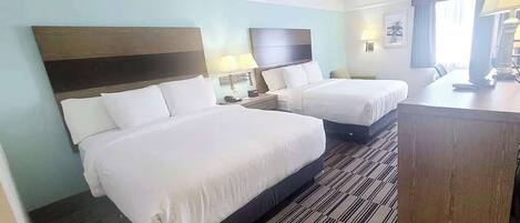 Pillow-top beds, desk, laptop workspace, blackout curtains