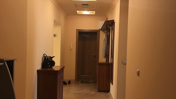 A hallway with wooden flooring, a coat rack, a door, and a small cabinet with a bag on top. - Appartments in the city center (Kyiv)
