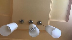 A ceiling with three white cylindrical light fixtures. - Appartments in the city center (Kyiv)