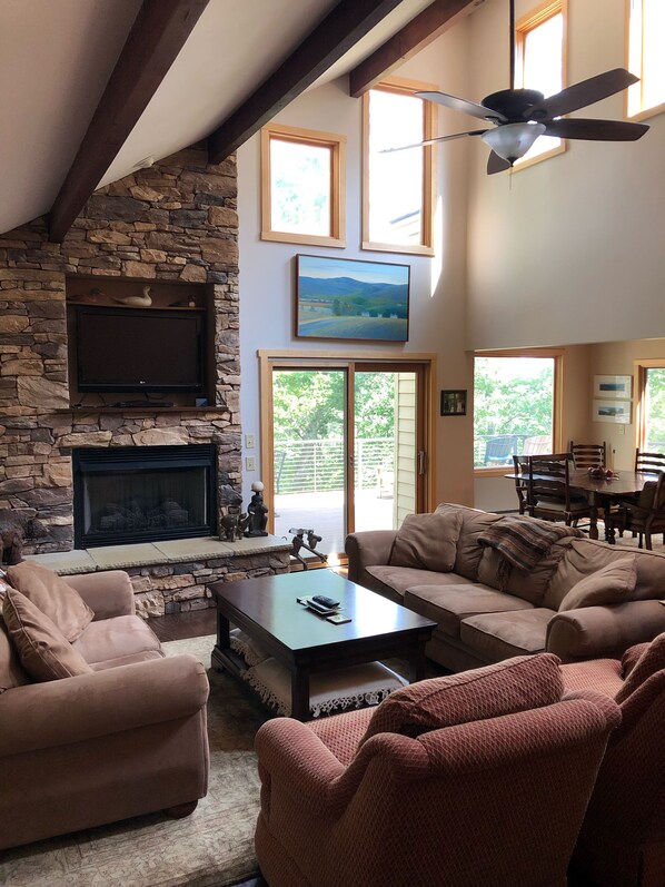Smart TV, fireplace, DVD player, books