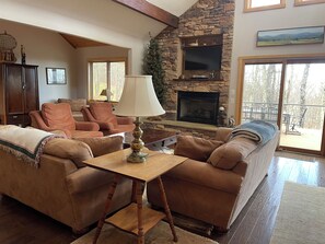 Smart TV, fireplace, DVD player, books