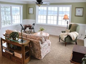Smart TV, fireplace, DVD player, books