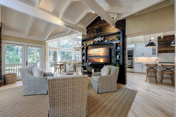 Smart TV, fireplace, video games, DVD player