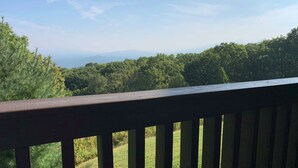 A wooden deck with a view of a green landscape and distant mountains.