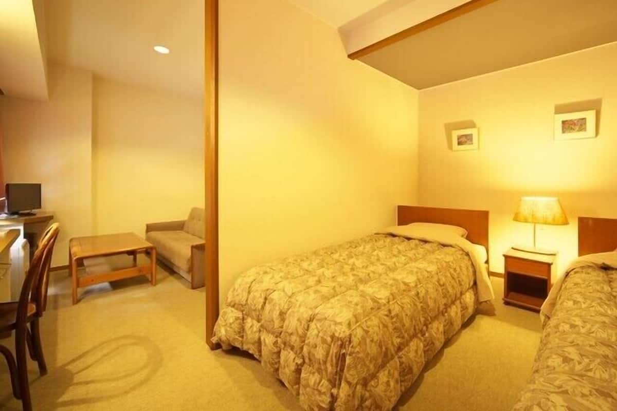 Una habitación de hotel con una cama individual, un escritorio, una silla y una lámpara.