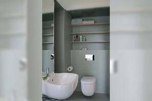 Chuveiro, secador de cabelo, toalhas de banho, sabonete