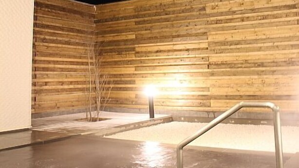 A spa area with wooden walls, a heated floor, and a metal railing.