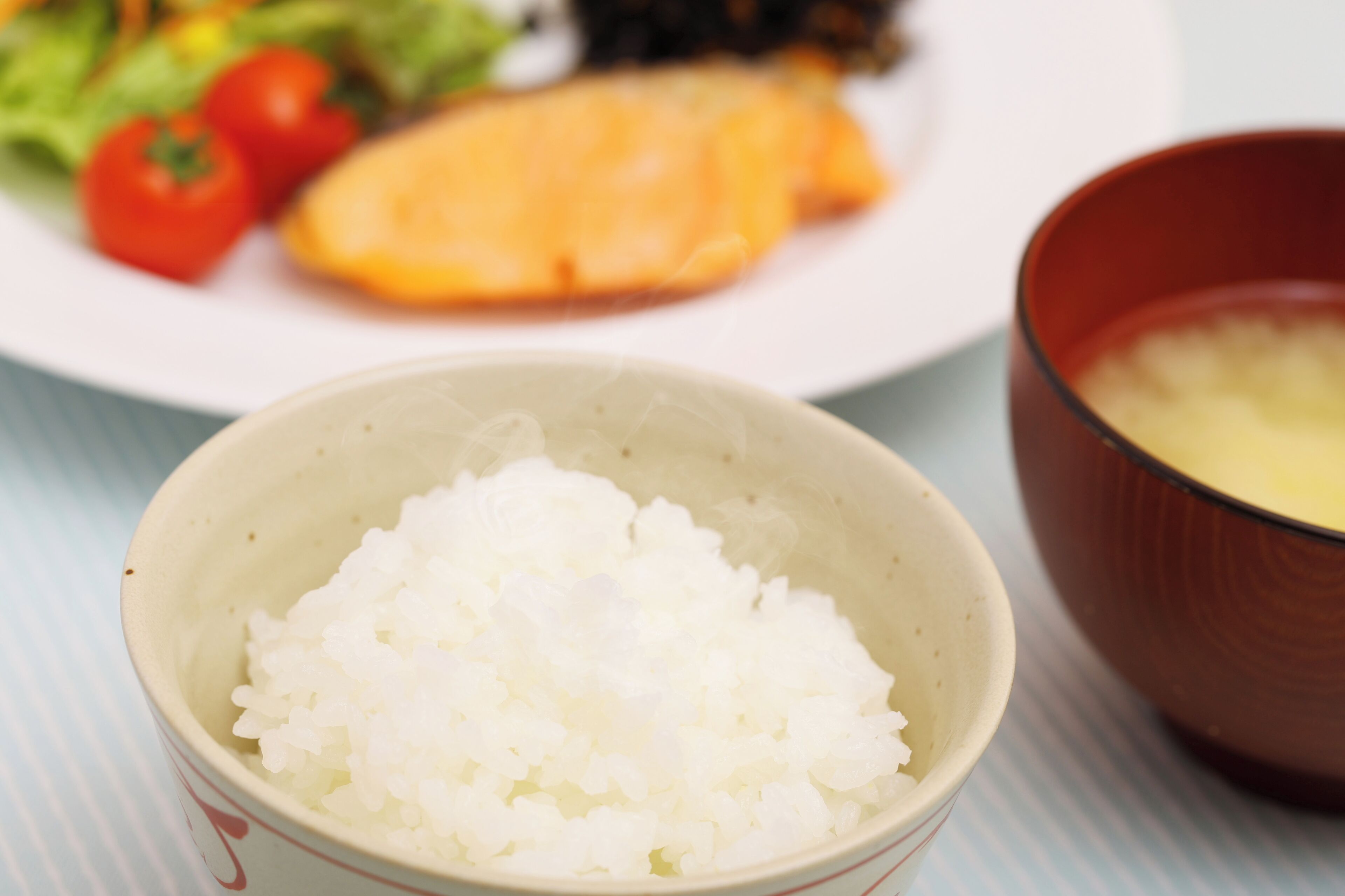 A bowl of white rice in a ceramic bowl with a decorative pattern, placed on a striped surface.