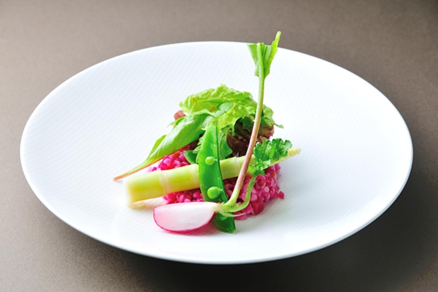 Une assiette blanche contenant un plat composé de légumes verts, de radis et, éventuellement, de céréales ou de légumineuses.