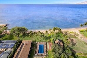 An aerial view of a resort with a swimming pool, palm trees, and a beach.