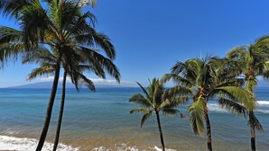 Een strand met palmbomen en helderblauw water.