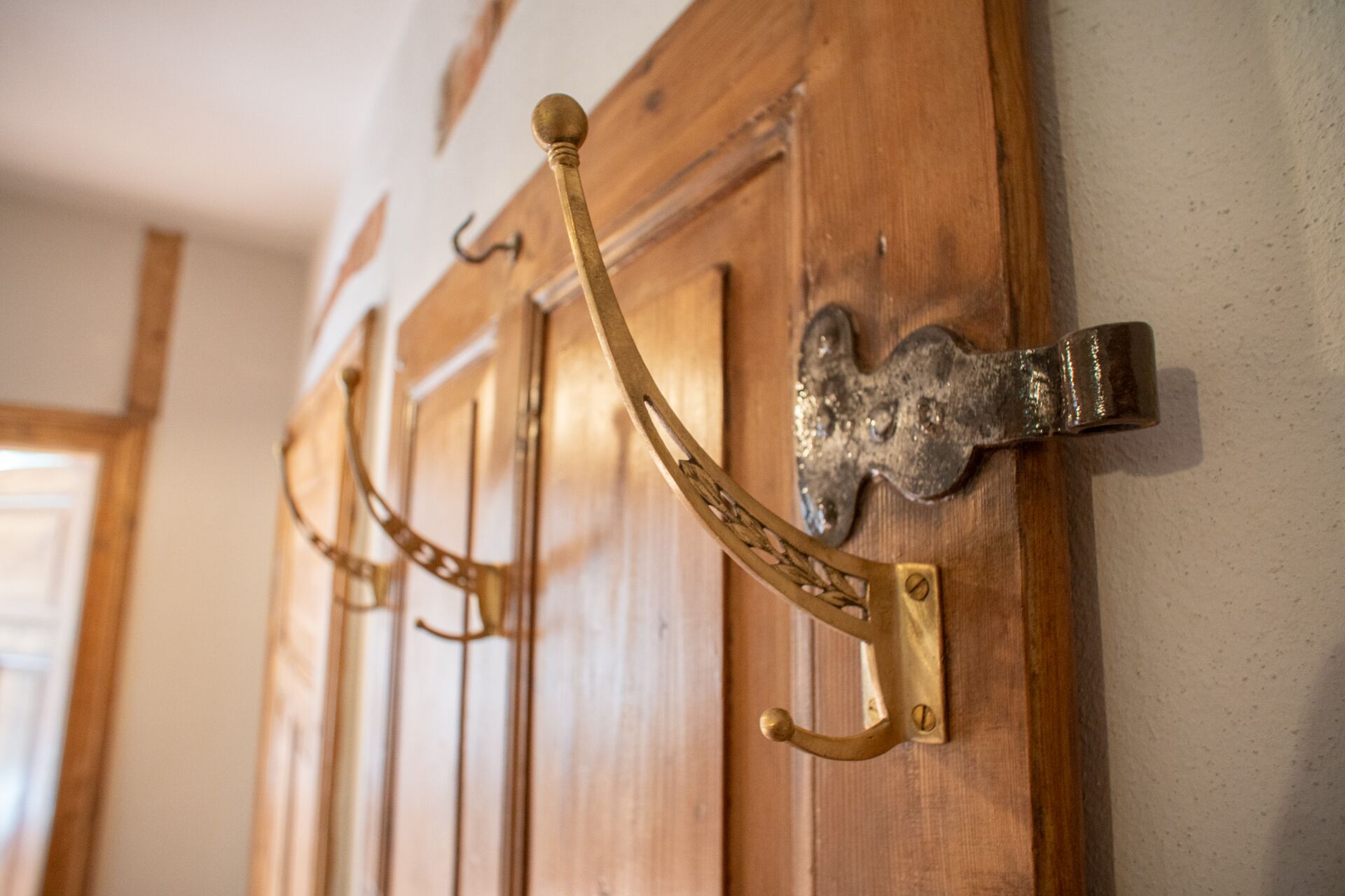 Une porte en bois avec des crochets en laiton et un loquet en métal.