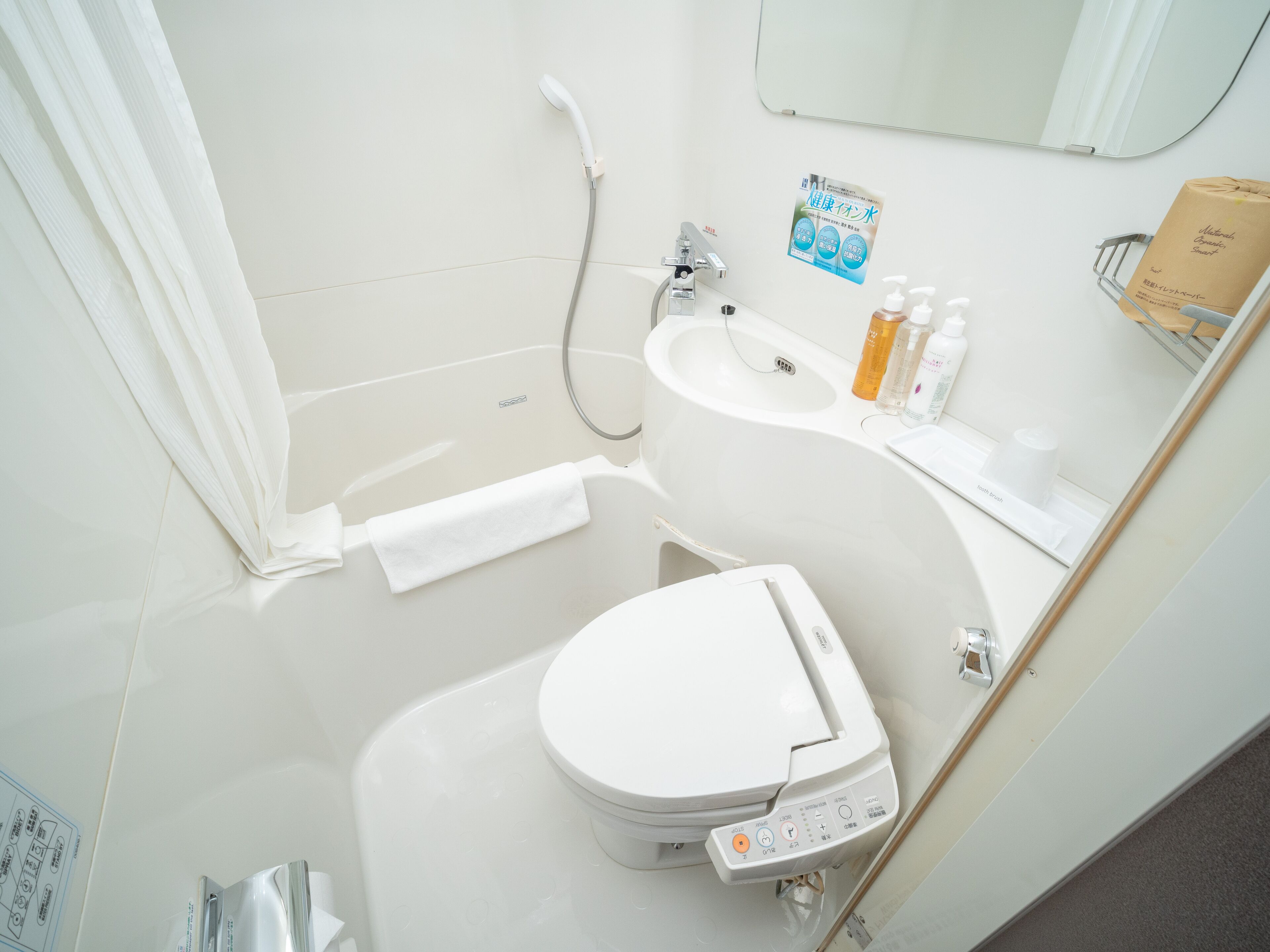 combined shower/bathtub, free toiletries, hair dryer, slippers