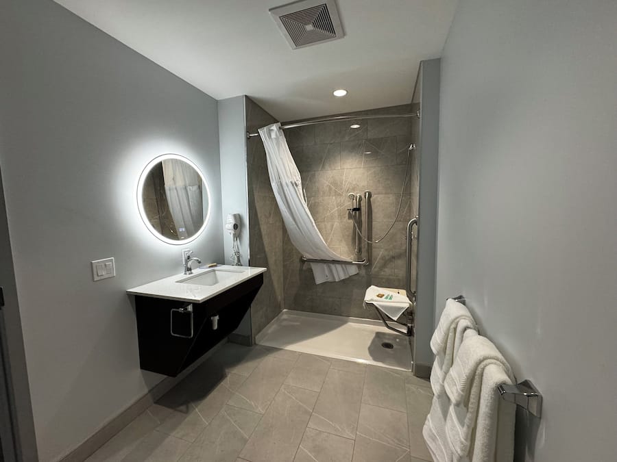 Room, 1 Queen Bed, Non Smoking (Mobility/Hearing, Roll-In Shower) | Bathroom | Combined shower/tub, free toiletries, hair dryer, towels