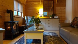 A cozy cabin interior with a wood-burning stove, a sofa, a table with a plant, and a kitchen area with cabinets and a radio. - Meadow View Apartments (Newquay)