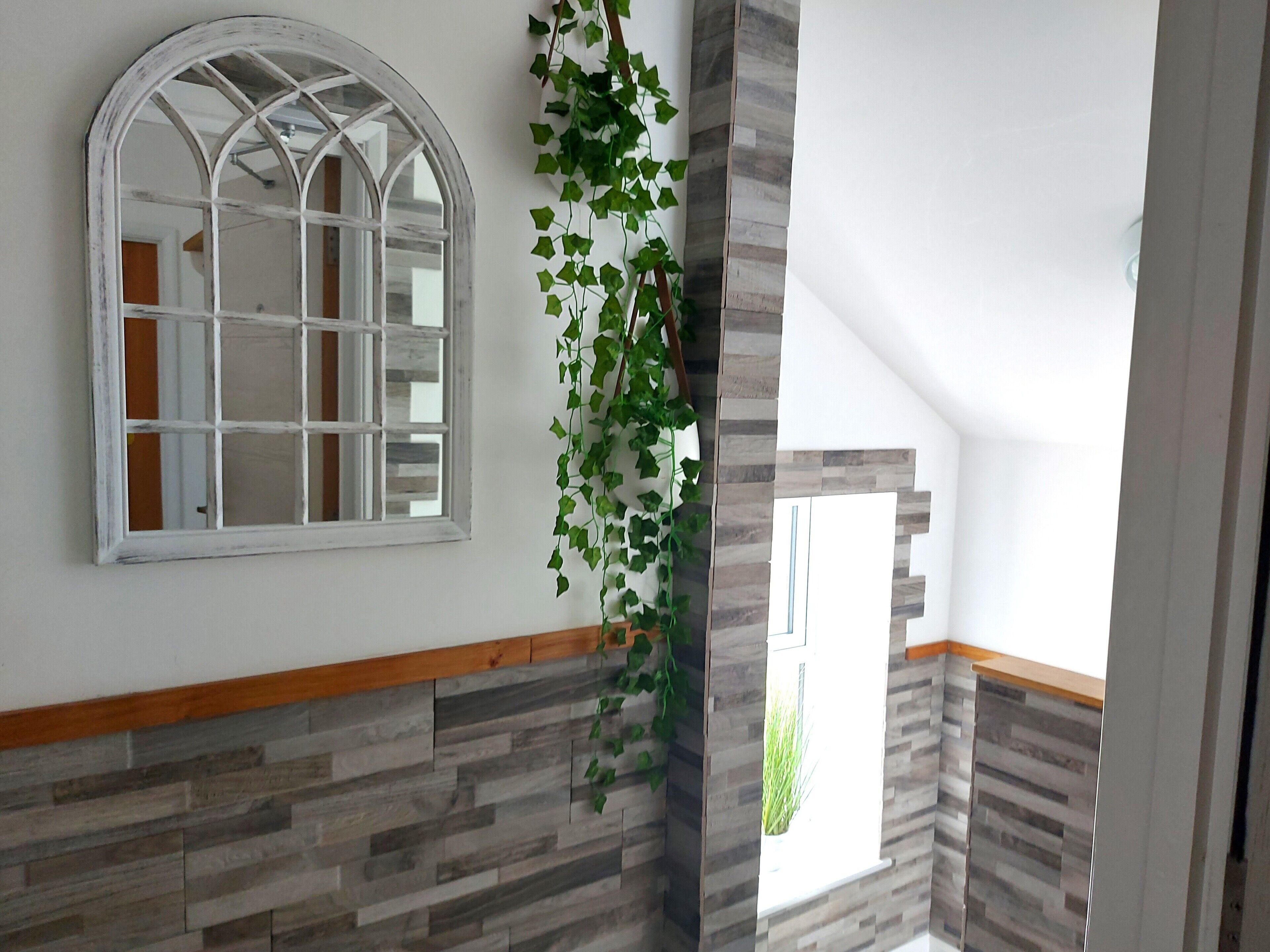 A room with a large arched window, a wooden wainscoting, and a green vine hanging on the wall.