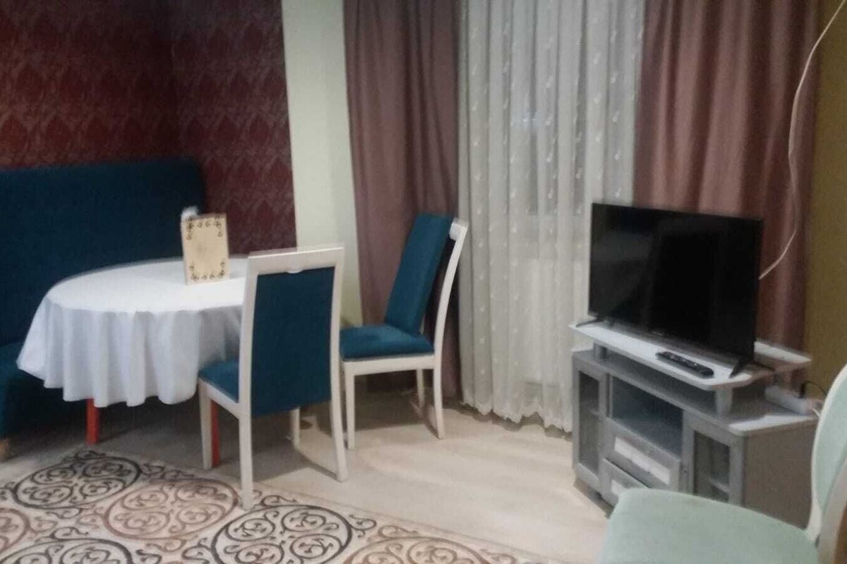Una sala de estar con sofá, mesa, televisor y alfombra estampada.