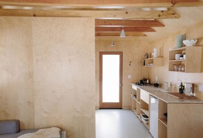 A wooden interior with a kitchen area, a door leading to another room, and a sofa.