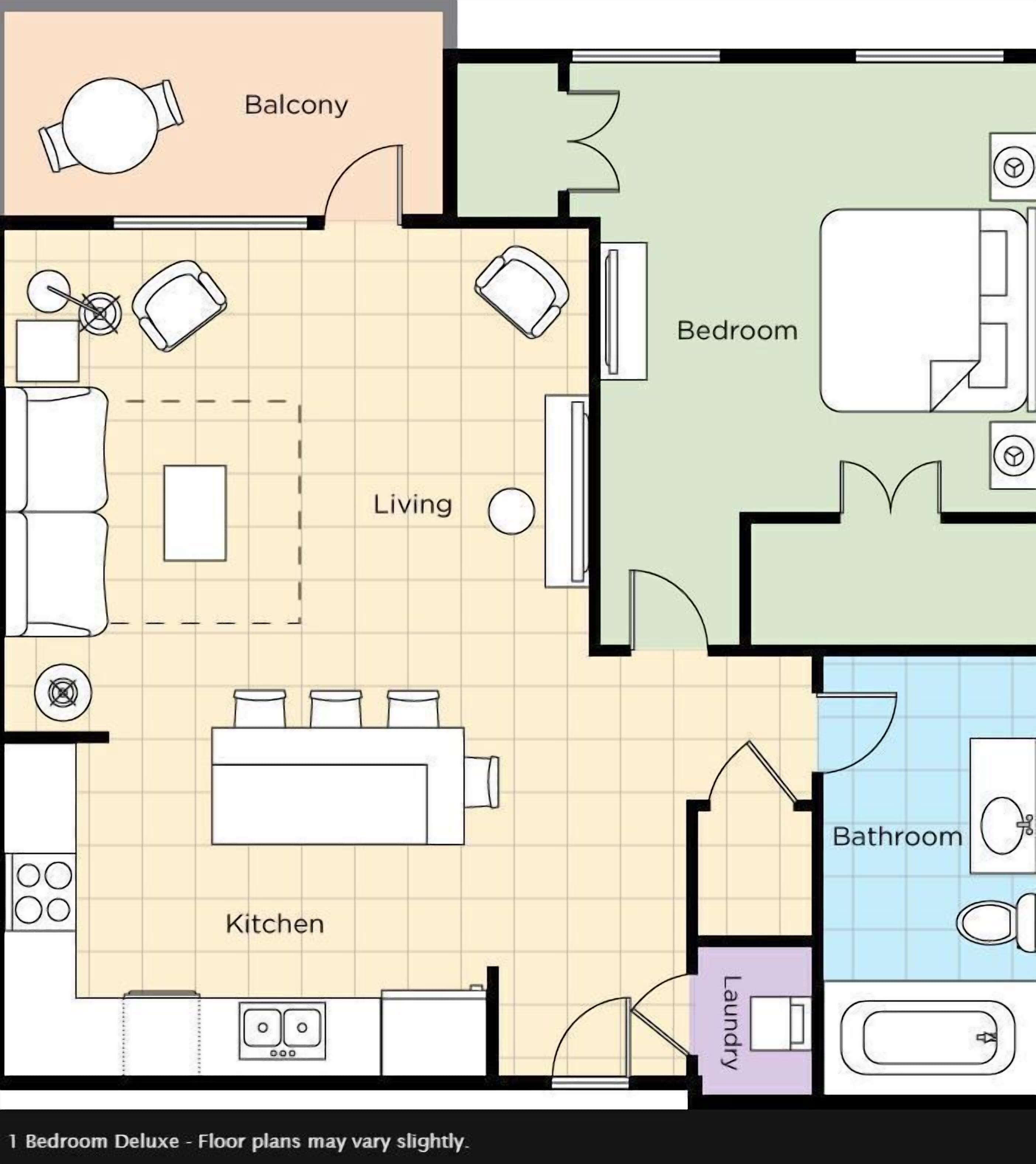 Een luxe appartement met één slaapkamer, een woonkamer, keuken, balkon, badkamer en een wasruimte.