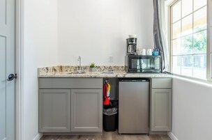 Mini-fridge, microwave, coffee/tea maker