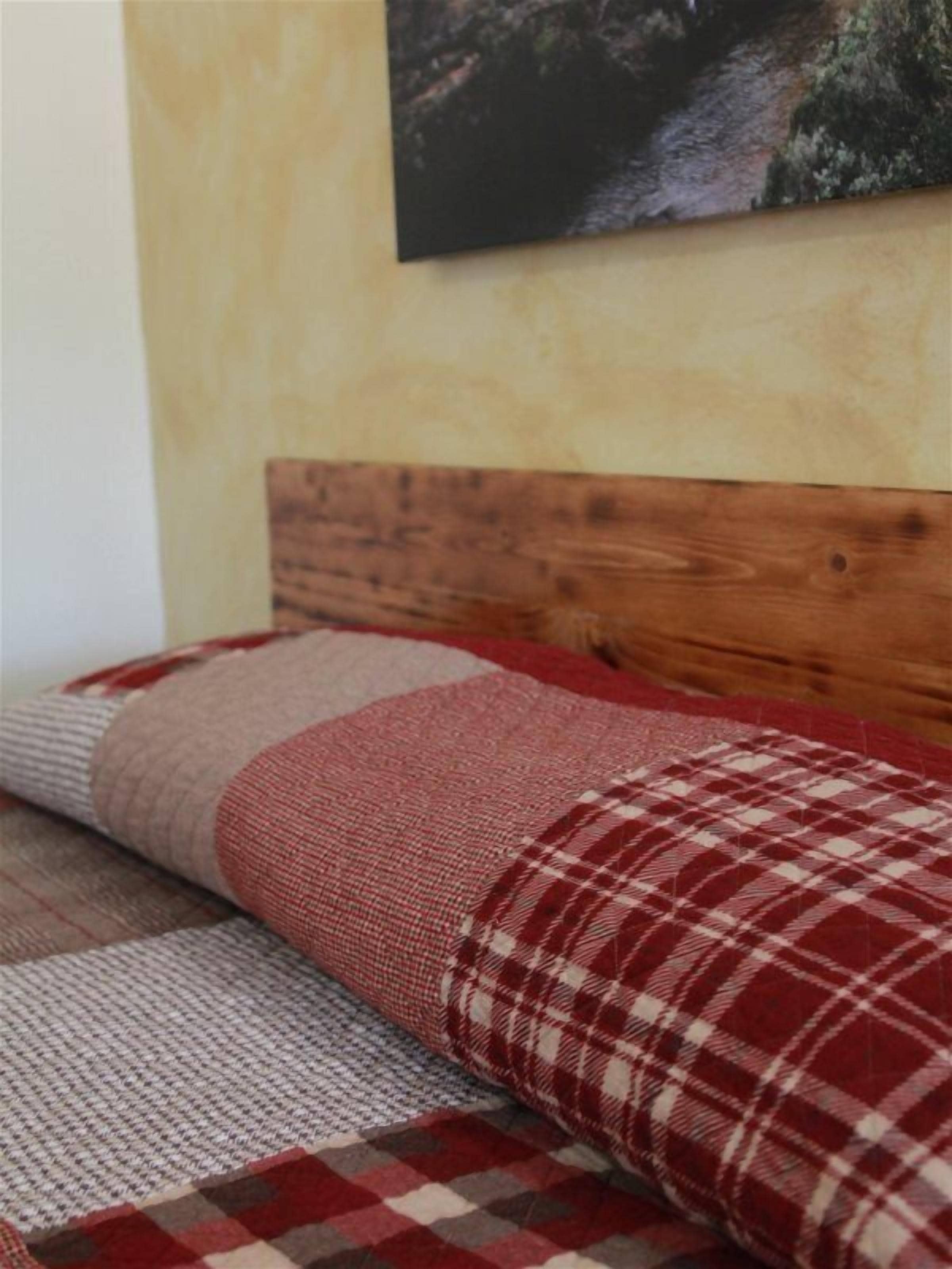 A bed with a wooden headboard, a red and white checkered pillow, and a patterned blanket.