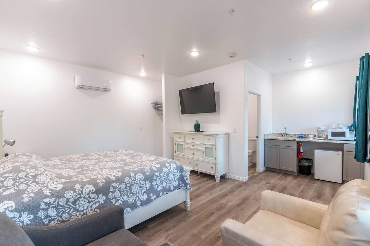 A bedroom with a bed, a dresser, a TV, and a kitchenette.