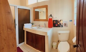 A bathroom with a white sink, wooden cabinets, a mirror, a toilet, and a shower area. - City Home Tahiti (Papeete)