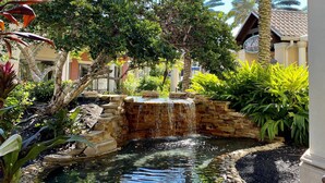 Un giardino curato con una piccola cascata, palme e un sentiero in pietra che conduce a una piscina.