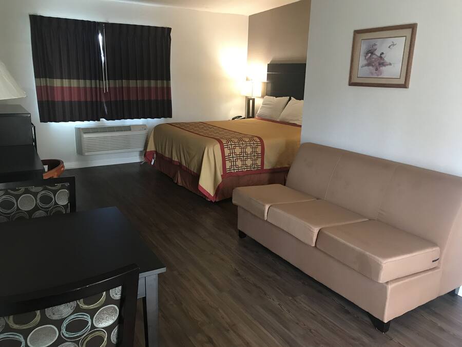 Una habitación de hotel con cama, sofá, escritorio y lámpara.
