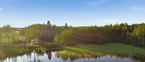 A serene lakeside scene with a house near the water's edge, surrounded by dense forest.
