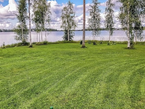 A grassy area with trees and a body of water in the background.