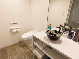A bathroom with a toilet, a sink with a decorative bowl, a mirror, and a towel rack.