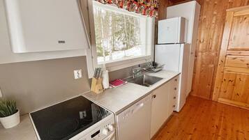 Fridge, microwave, dishwasher, cookware/dishes/utensils