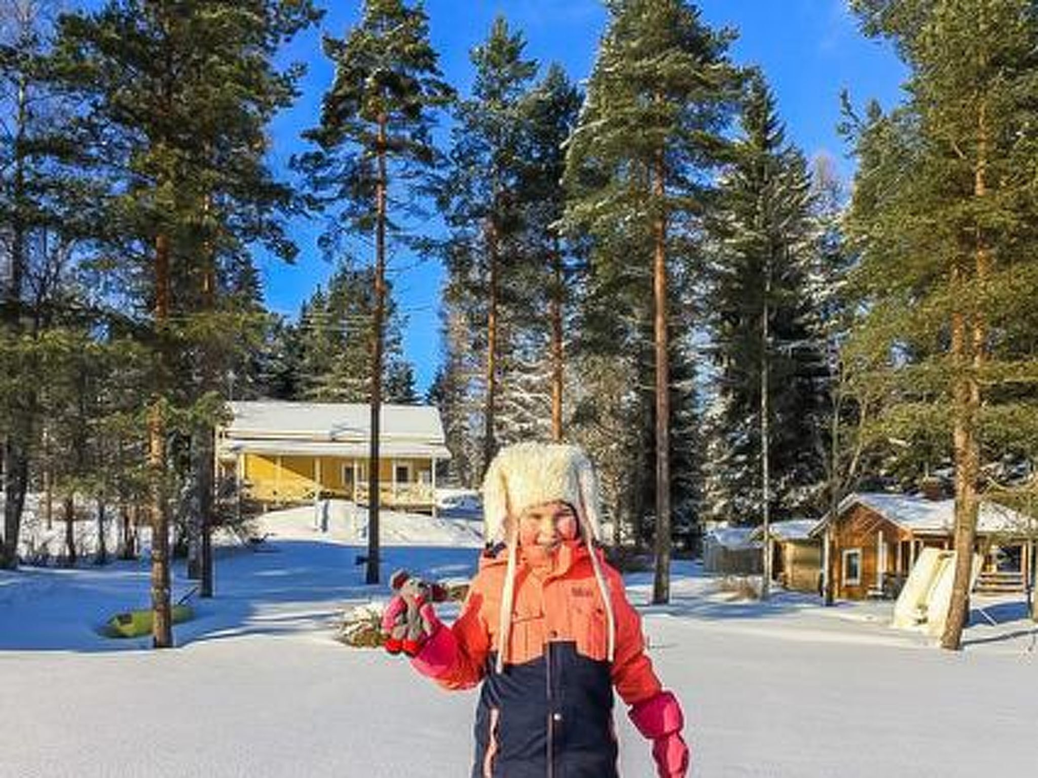Mökki, jonka ympärillä kohoaa korkeita, ikivihreitä puita lumisessa maisemassa.