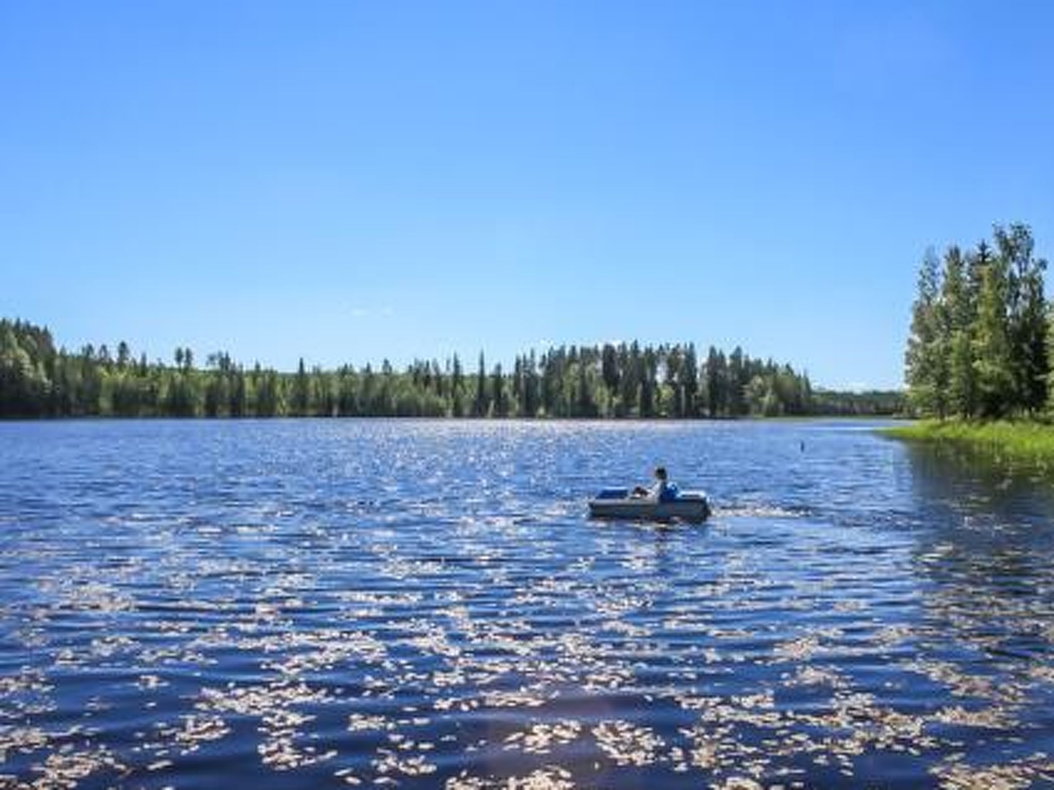 Un lac avec un bateau et des rives bordées d’arbres.