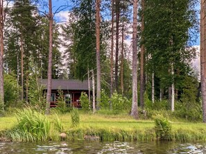 Mökki, jonka ympärillä kohoaa korkeita puita, ja sen lähellä on lampi, jossa kasvaa lumpeita.