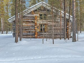 Una cabana de fusta en un paisatge nevós, envoltada d'arbres.