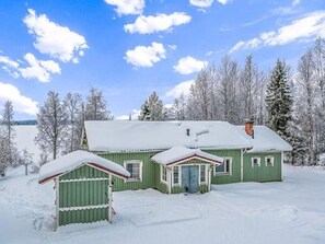 A green house with a snow-covered roof and a small attached shed, surrounded by snow-covered trees.