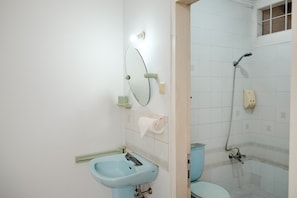 Une salle de bain équipée d’un lavabo, d’un miroir, de toilettes et d’une douche.