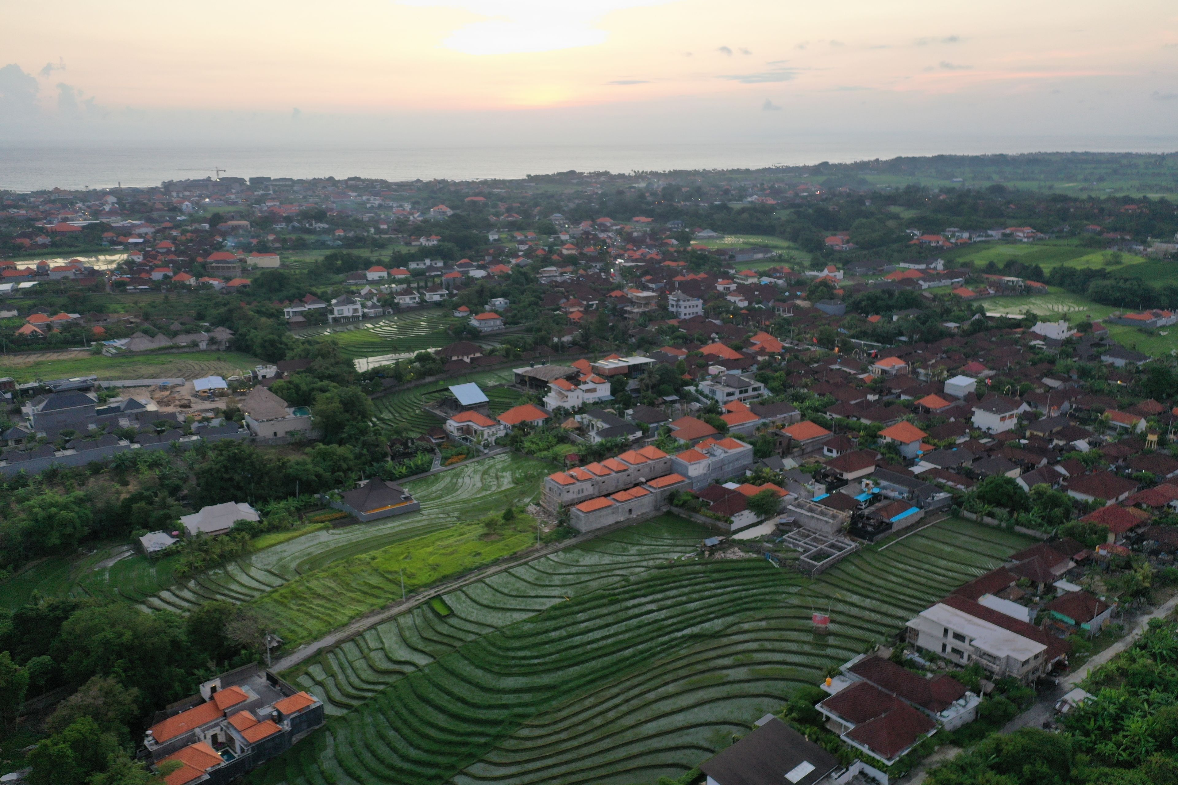 An aerial view of a residential area with houses, terraced fields, and a body of water in the background.