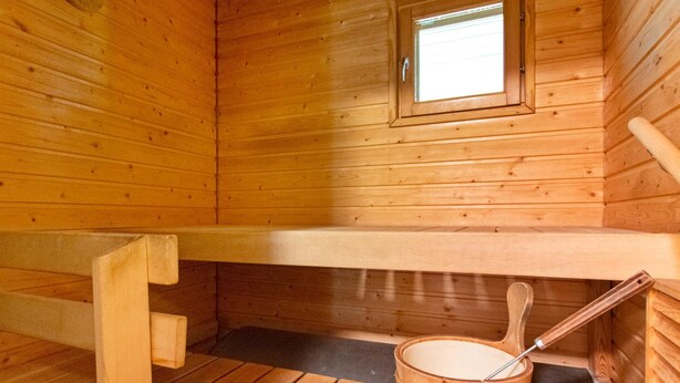 Een houten sauna met een bankje, een klein raam en een houten emmer met een schuimspaan.