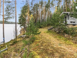 Mökki järven rannalla, jonne johtaa sorainen polku, ja sen ympärillä kohoaa korkeita puita.