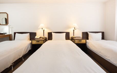 A hotel room with two single beds, a nightstand with a lamp, a telephone, and a mirror on the left wall.