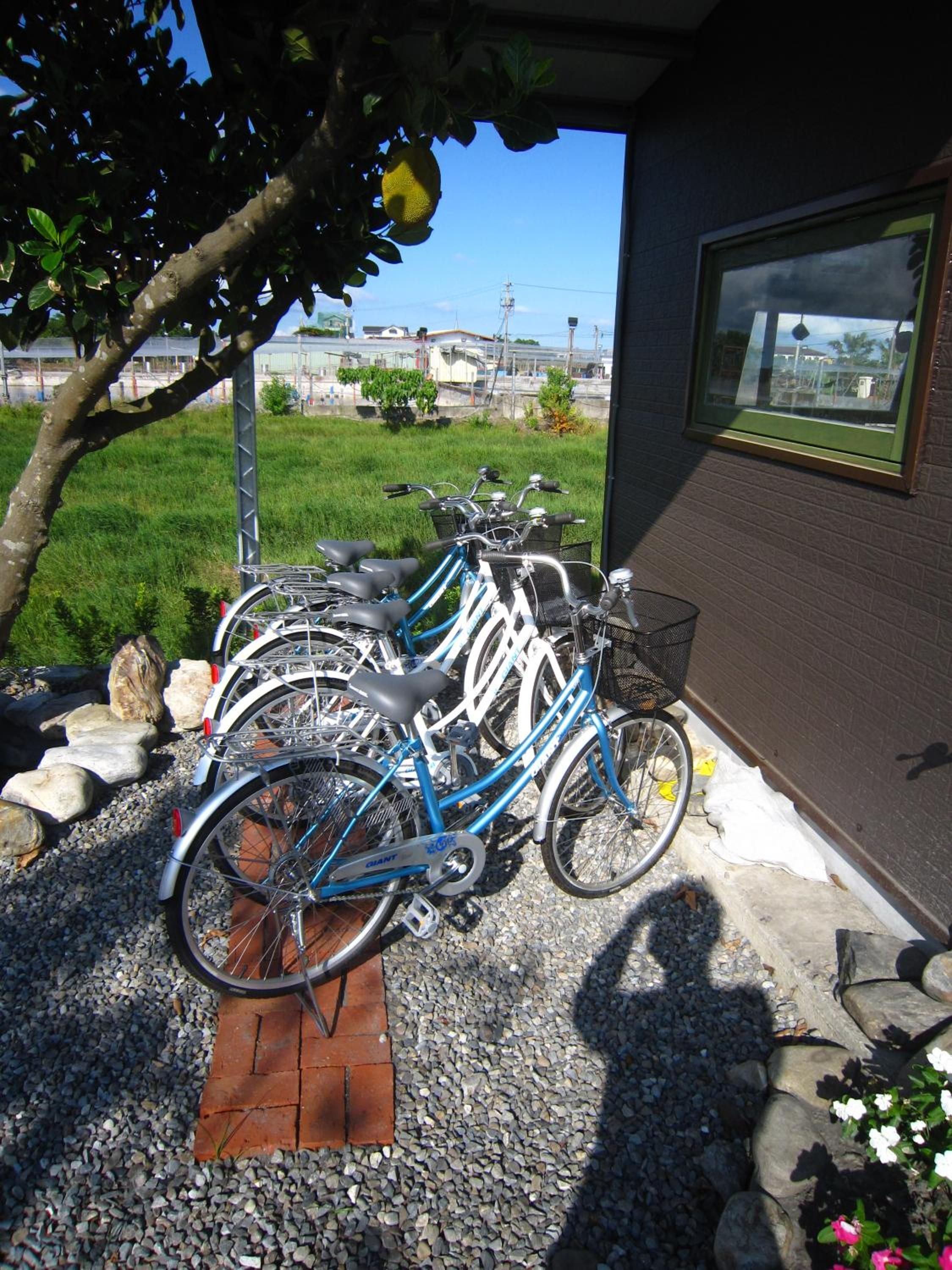 A bicycle parked on a gravel path with a brick ledge, a metal rack, and a window with a view of a green field and buildings.