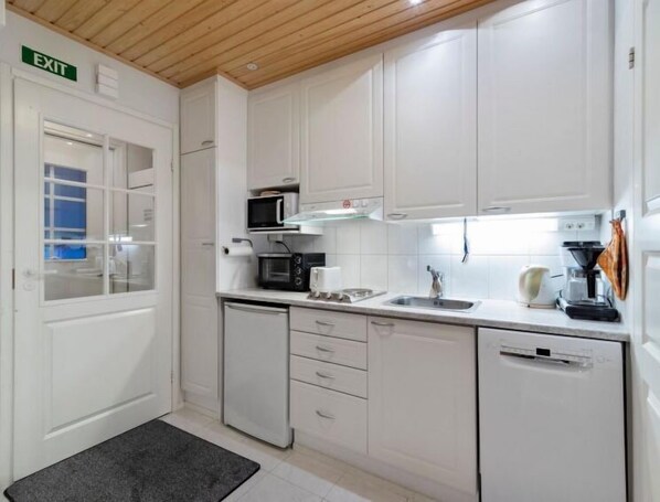 Fridge, microwave, dishwasher, cookware/dishes/utensils